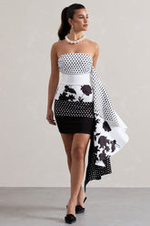 Multi Print Bandeau Mini Dress With Ruffled Side Drape